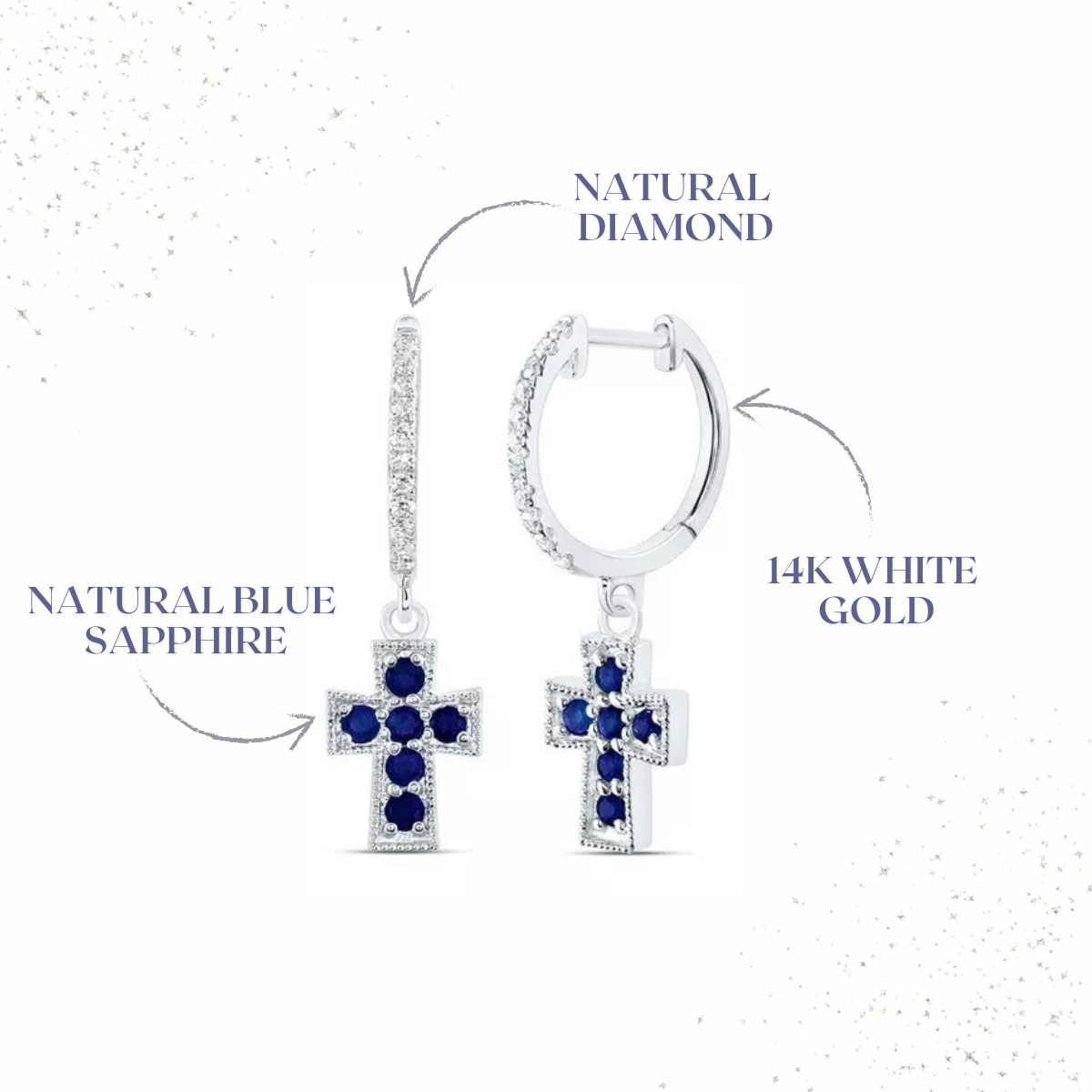 Natural Blue Sapphire & Diamond Cross Hoop Dangle Drop Earrings 14k White Gold