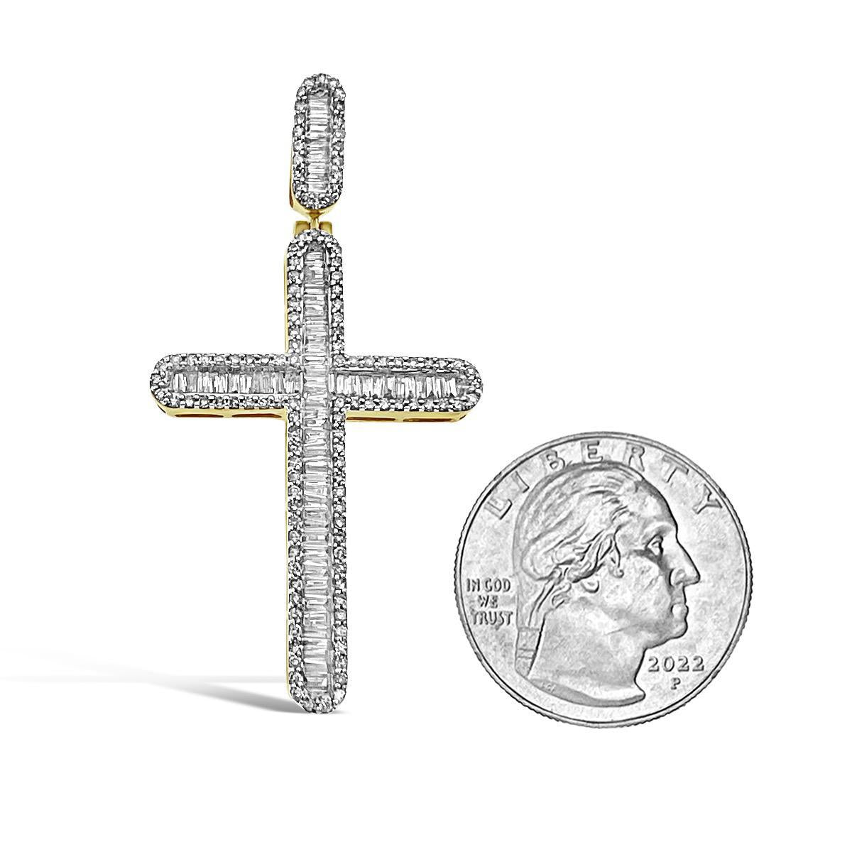 1.25 Cttw Baguette Round Diamond Cross Mens Pendant Charm 10k Yellow Gold