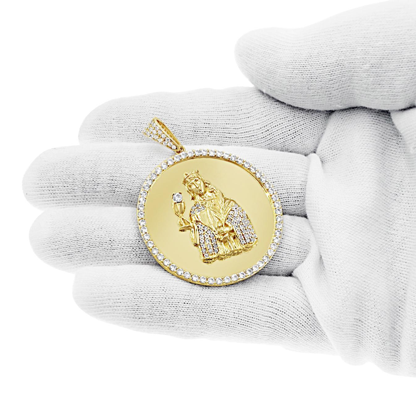 14K Yellow Gold Saint Barbara Medallion Mens Pendant CZ Religious Charm 1.8 inch