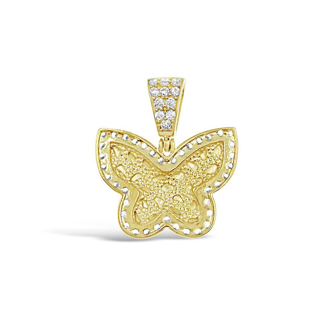 Butterfly Nugget Pendant Real 10k Yellow Gold CZ Charm 0.9 inch