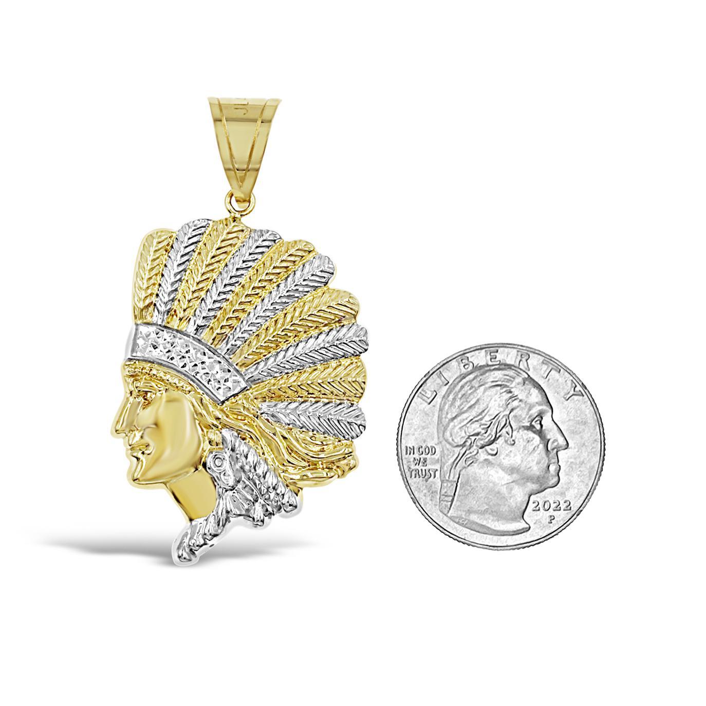 Native Indian Head Chief Pendant Mens Charm 10k Yellow Gold 2.2 inch