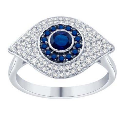 14k White Gold 0.69cttw Blue White Diamond Evil Eye Protection Statement Ring