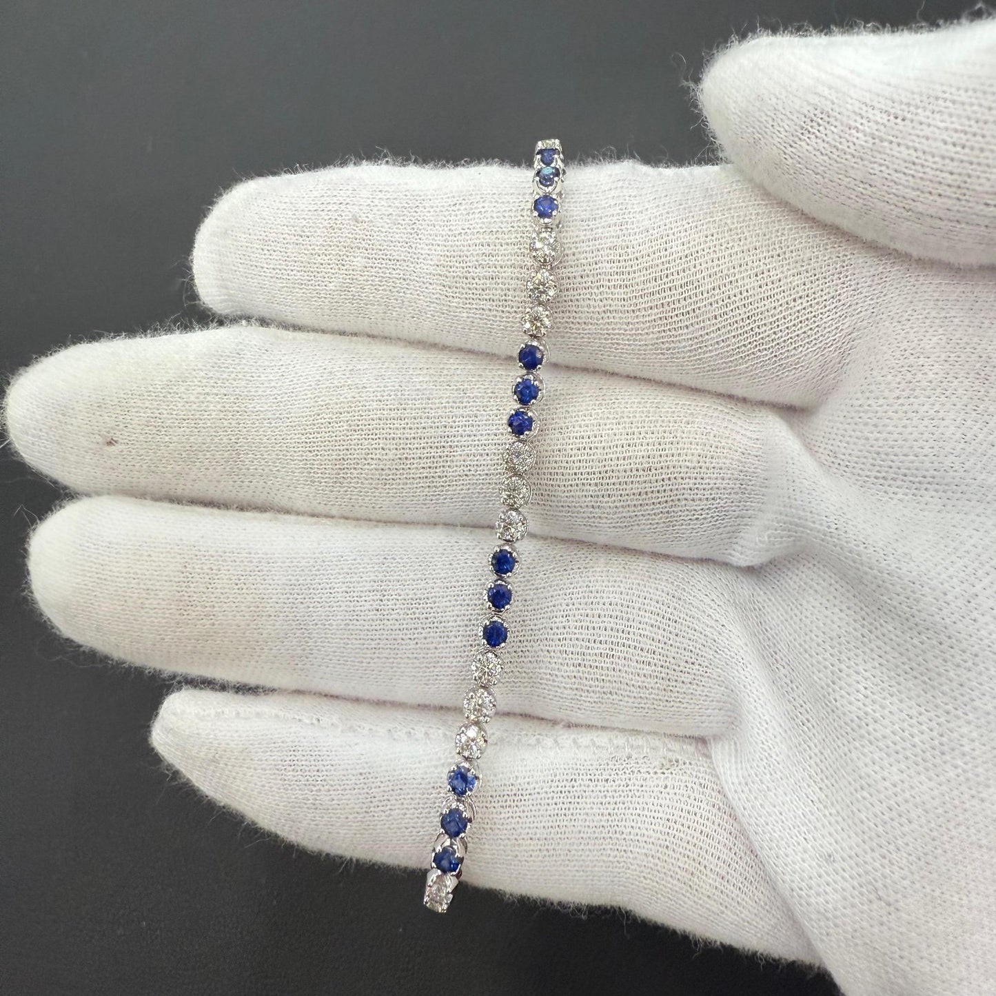 Natural Blue Sapphire & Diamond Round Tennis Bracelet 14k White Gold 3.33 Cttw