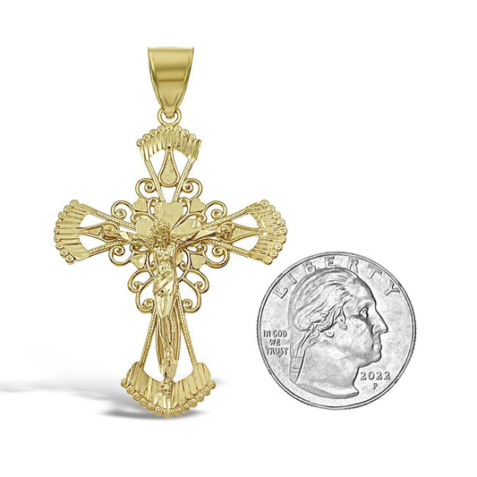 Cross Jesus Crucifix Pendant Real Solid 10k Yellow Gold Mens Charm 2.3 inch