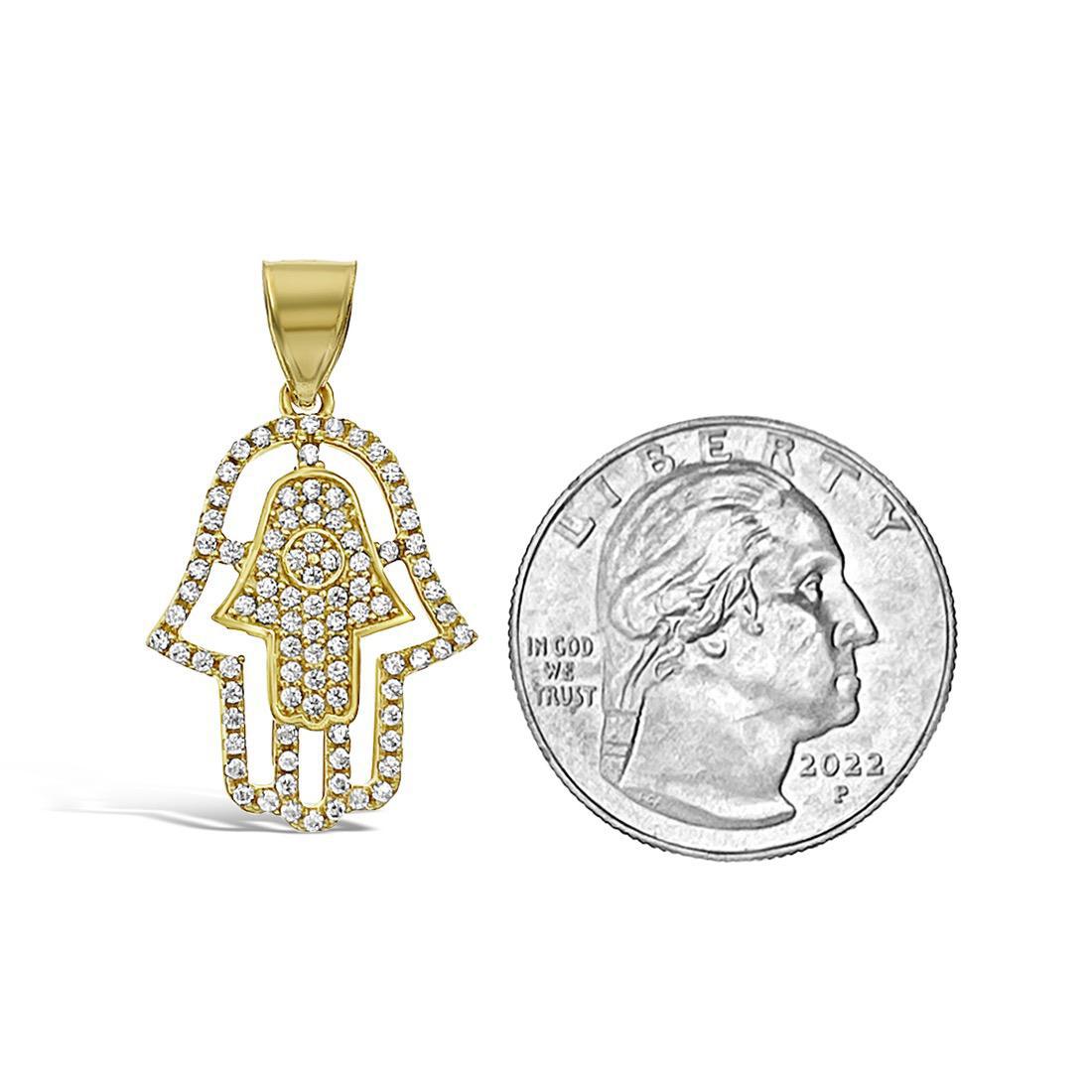 Hamsa Fatima Hand Pendant Charm 10k Yellow Gold CZ 1.2 inch