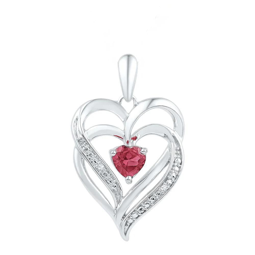 Natural Diamond & Simulated Ruby Double Heart Charm Pendant 925 Sterling Silver