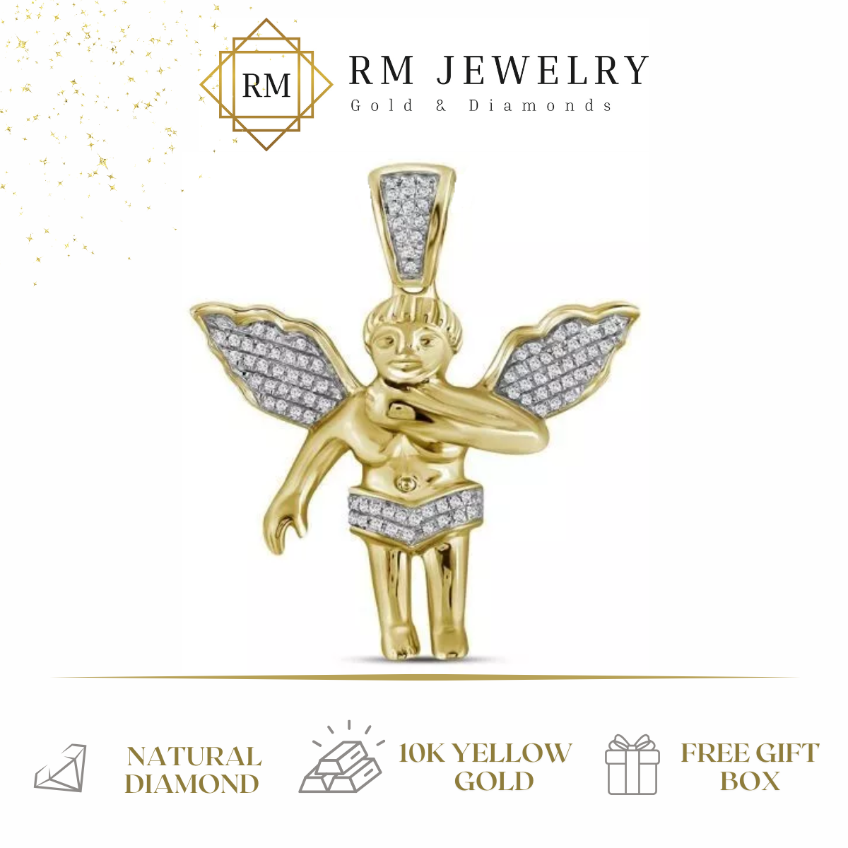 Diamond Angel Charm Pendant 3D Guardian 10k Yellow Gold