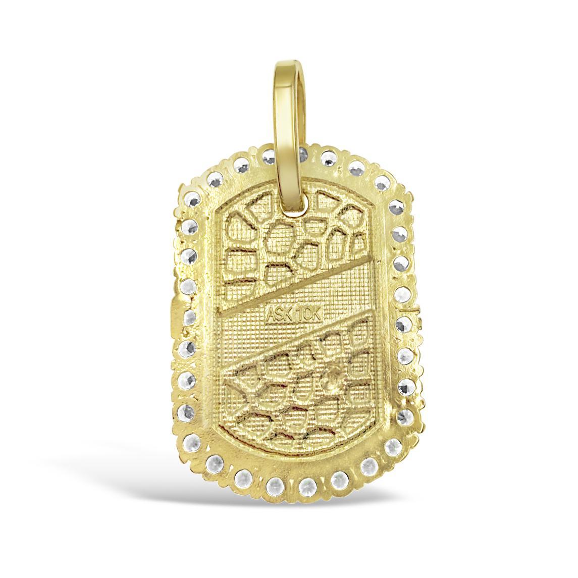 Dog Tag Nugget Pendant CZ Charm Real 10k Yellow Gold 1.7 inch