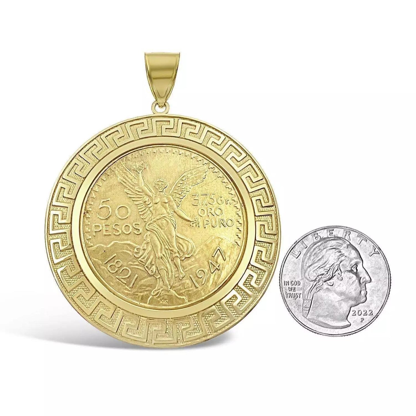 14k Gold Solid Mexican Centenario 50 Pesos 1947 Coin Pendant with Bezel