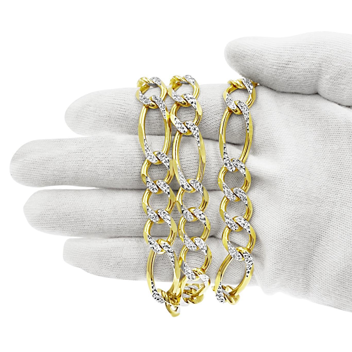 Solid 14k Yellow Gold Figaro Link Chain Pave 12mm Mens Necklace