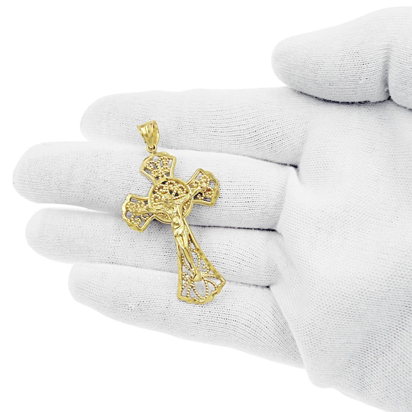 Jesus Crucifix Cross Pendant Mens Charm 10k Yellow Gold 1.9 inch 1