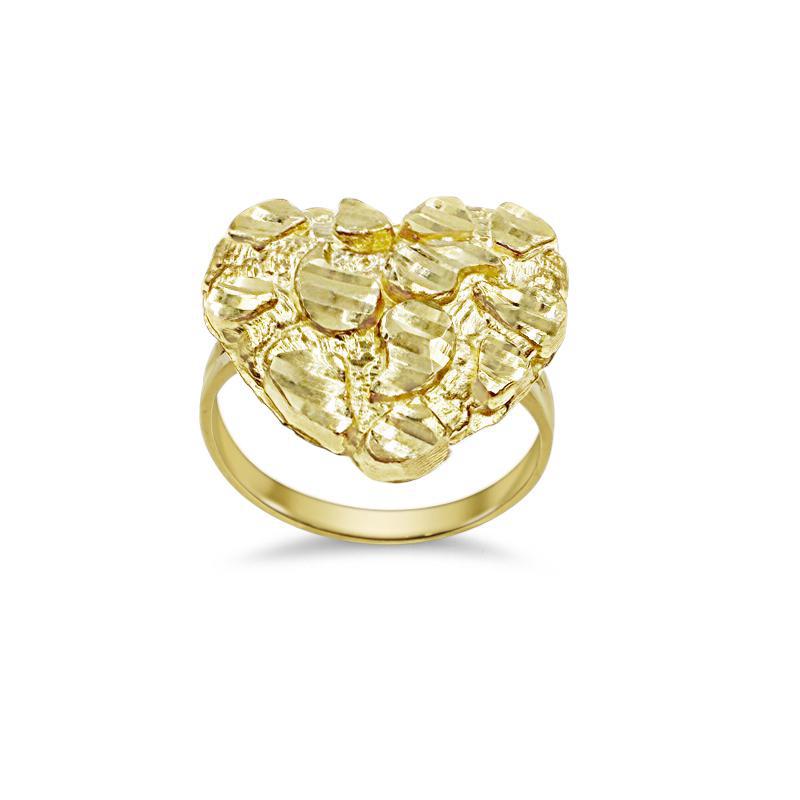 10K Yellow Gold Nugget Heart Ring Women Real Gold Textured Statement Jewelry