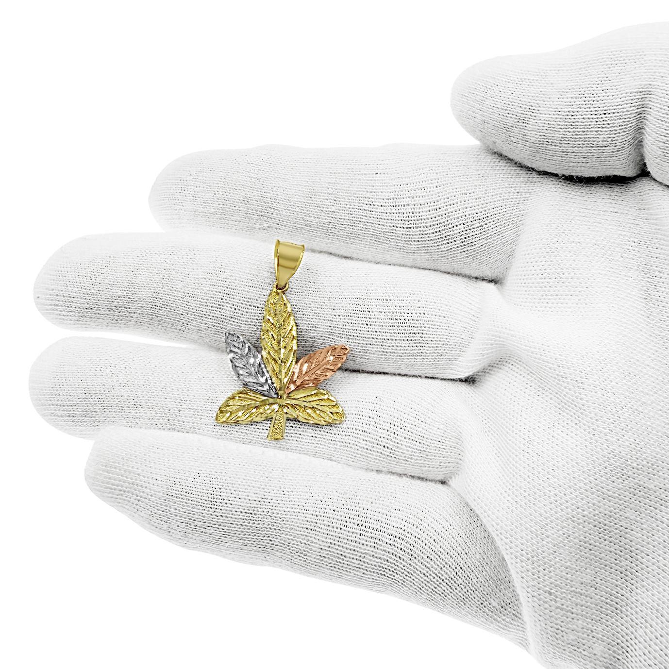 Marijuana Leaf Pendant 10k Tri Color Gold Cannabis Weed Pot Mens Charm 1.3 inch
