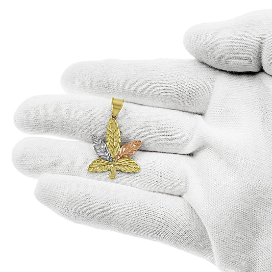 Marijuana Leaf Pendant 10k Tri Color Gold Cannabis Weed Pot Mens Charm 1.3 inch