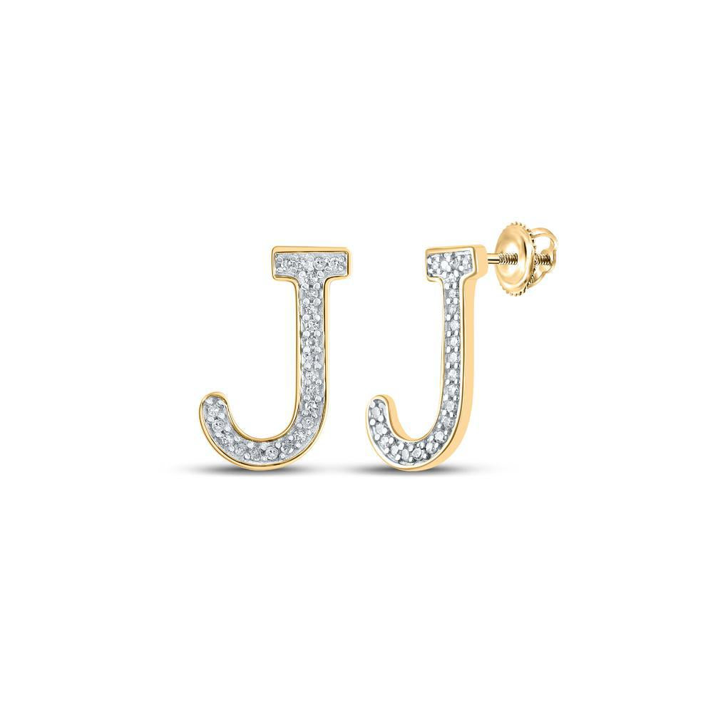 Round Diamond J Initial Letter Stud Earrings 10k Yellow Gold Screw Back