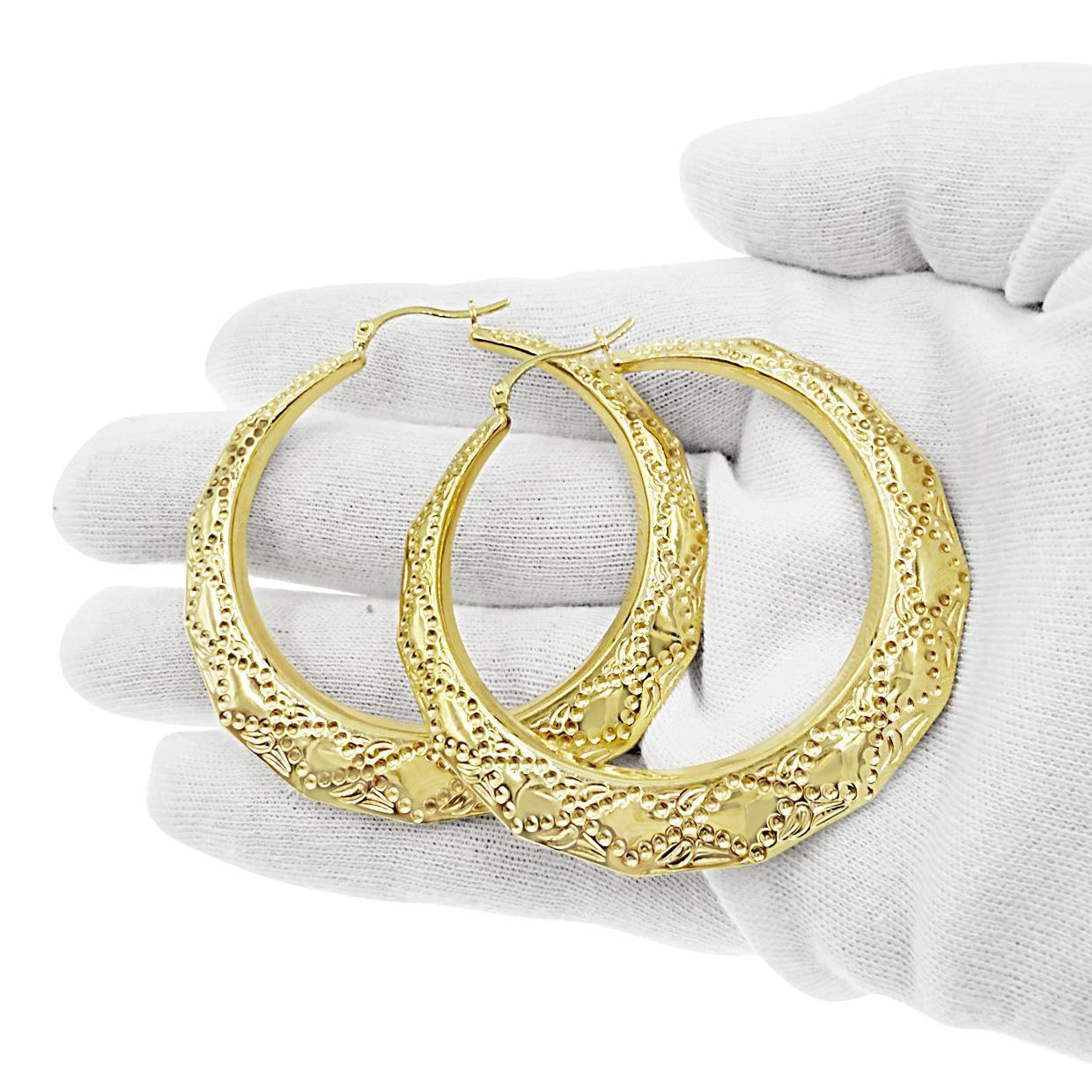 10K Yellow Gold Textured Hoop Earrings Womens Hinged 2.2 inch