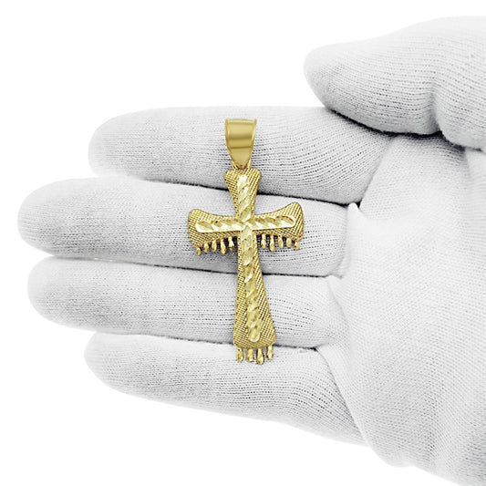 Cross Dripping Pendant Mens Charm 10k Yellow Gold Diamond Cut 2.2 inch