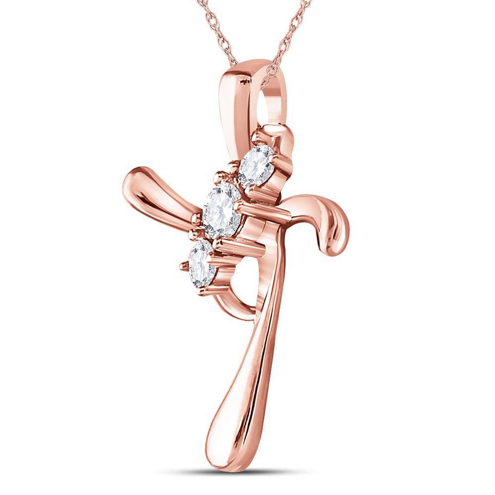 0.14ctw Diamond Three Stone Cross Pendant Charm 14k Rose Gold