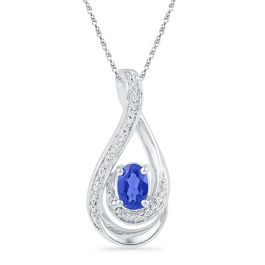 Natural Diamond & Simulated Blue Oval Sapphire Drop Pendant 925 Sterling Silver