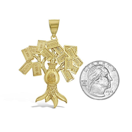 10k Yellow Gold Money Tree 100 Dollar Pendant Mens Charm 2.1 inch