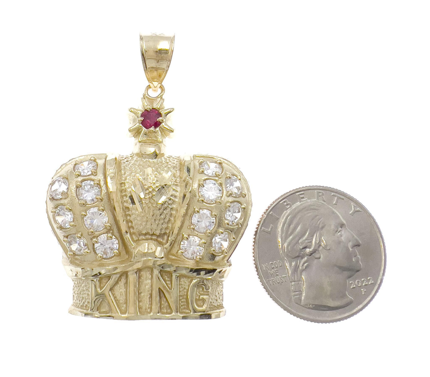 King Crown Pendant Mens CZ Charm 10k Yellow Gold 2 inch