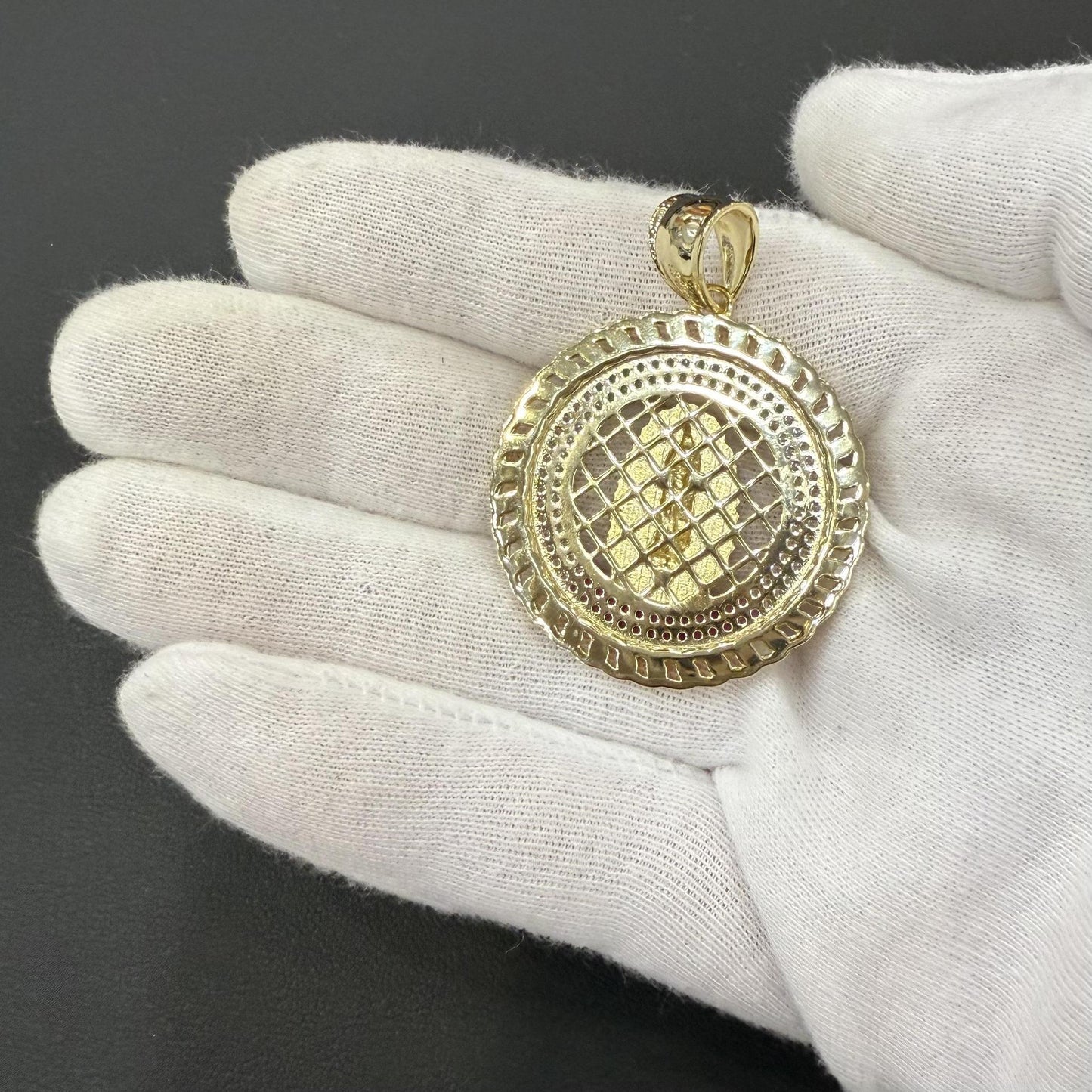 Virgin Mary Round Pendant Gold Plated 925 Sterling Silver CZ Charm 1.8 inch