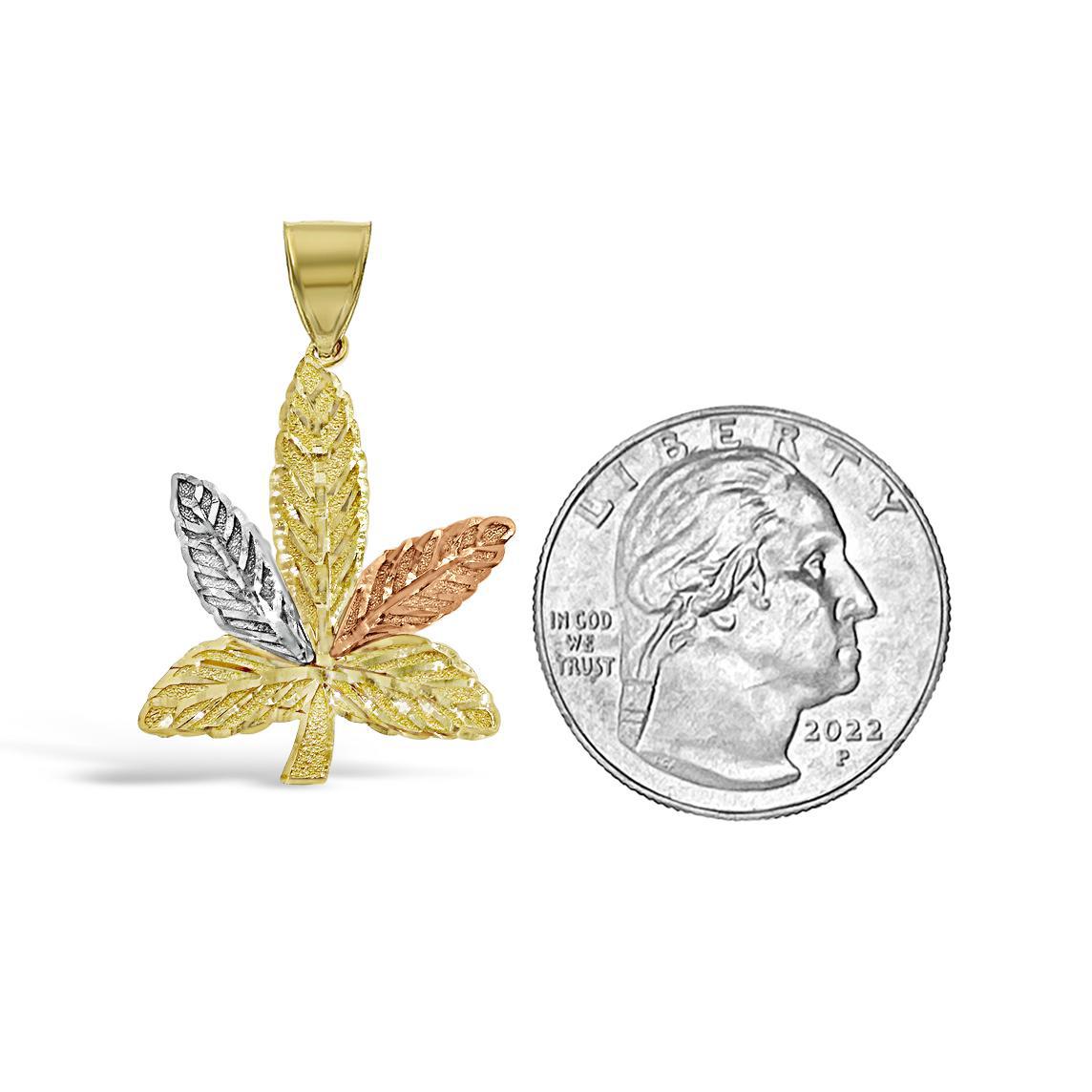 Marijuana Leaf Pendant 10k Tri Color Gold Cannabis Weed Pot Mens Charm 1.3 inch