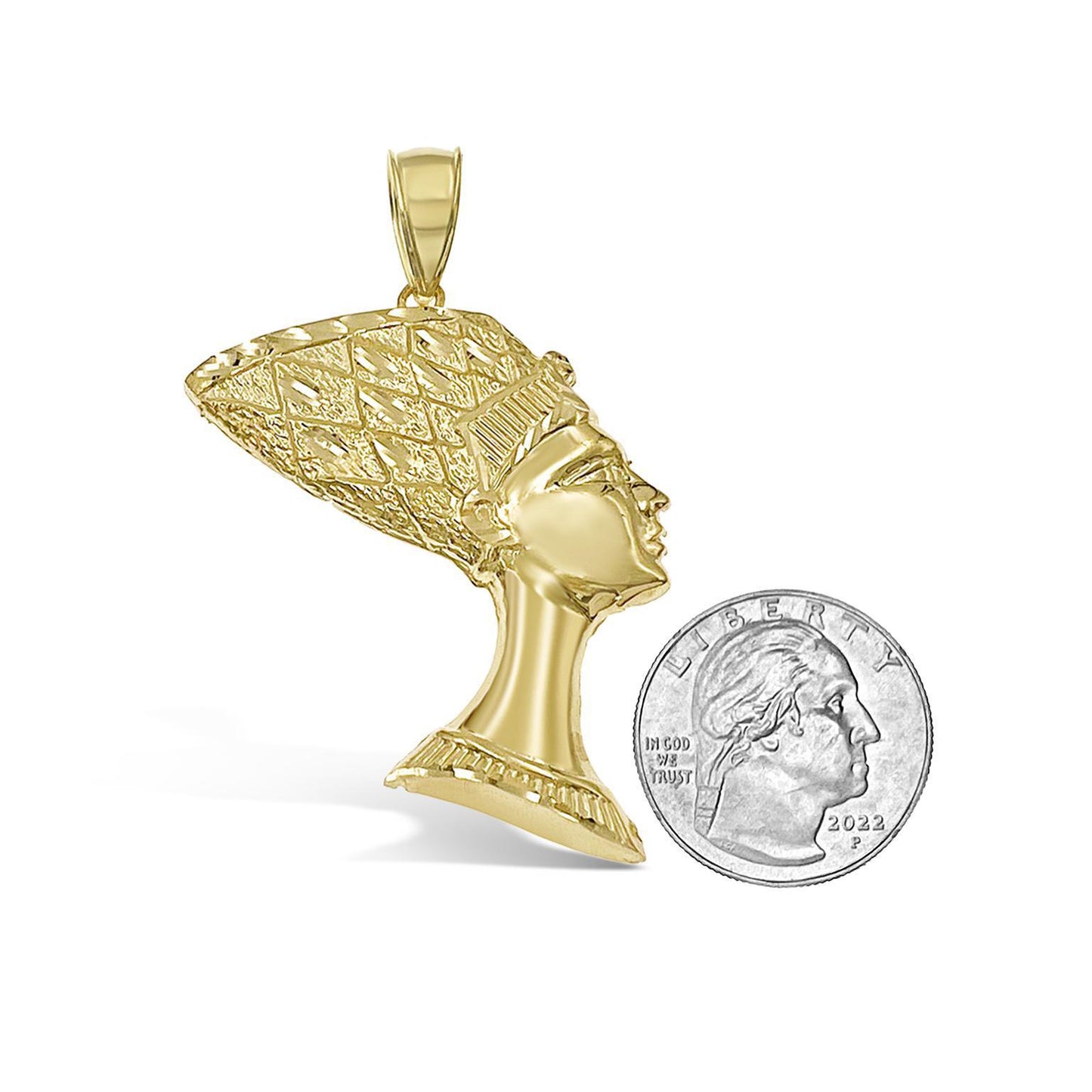 Nefertiti Egyptian Queen Pendant Mens Charm 10k Yellow Gold 2.4 inch