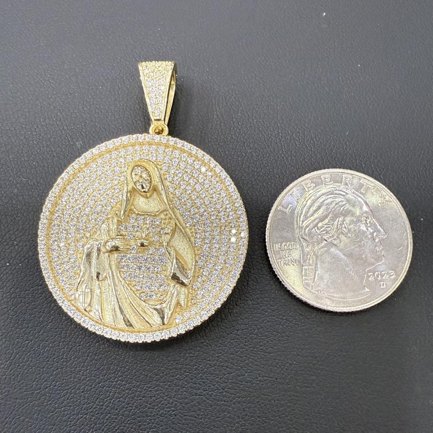 Virgin Mary Round Pendant Gold Plated 925 Sterling Silver CZ Charm