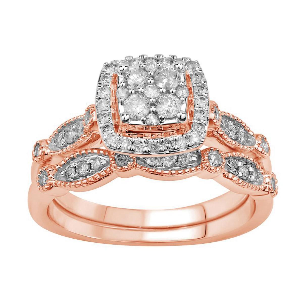 0.50 cttw Round Diamond Cushion Shape Wedding Bridal Set Ring 10k Rose Gold