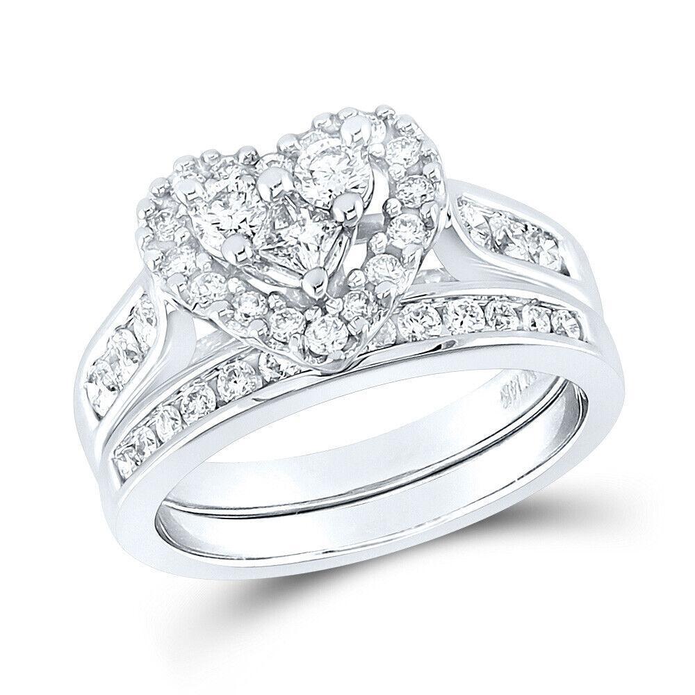 14k White Gold Princess Diamond Heart Cluster Bridal Wedding Ring Band Set 1Cttw