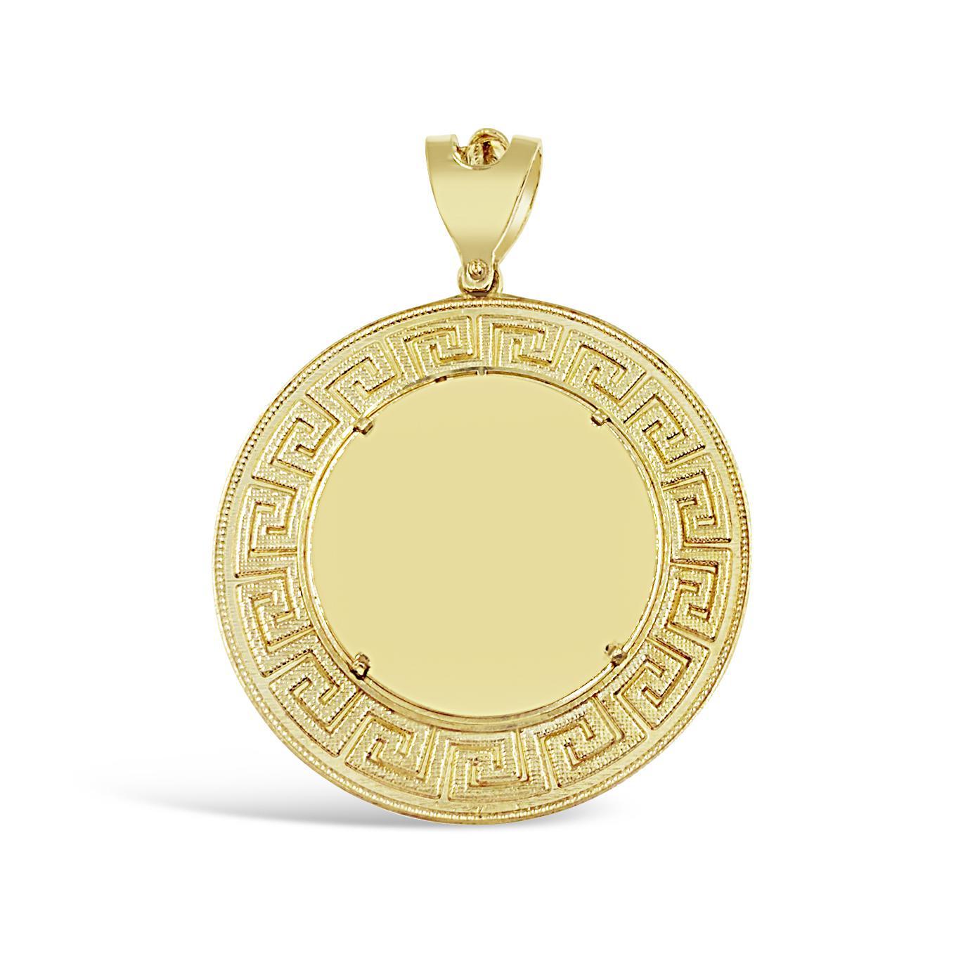 10K Yellow Gold Round Memory Picture Frame Pendant Greek Key Medallion Charm