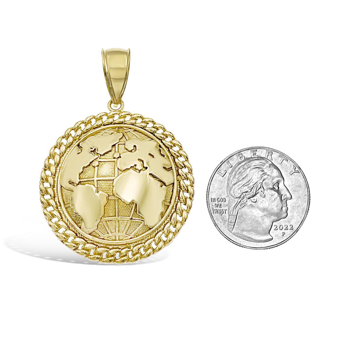 Globe Earth Pendant Mens Charm Real 10k Yellow Gold 1.5 inch