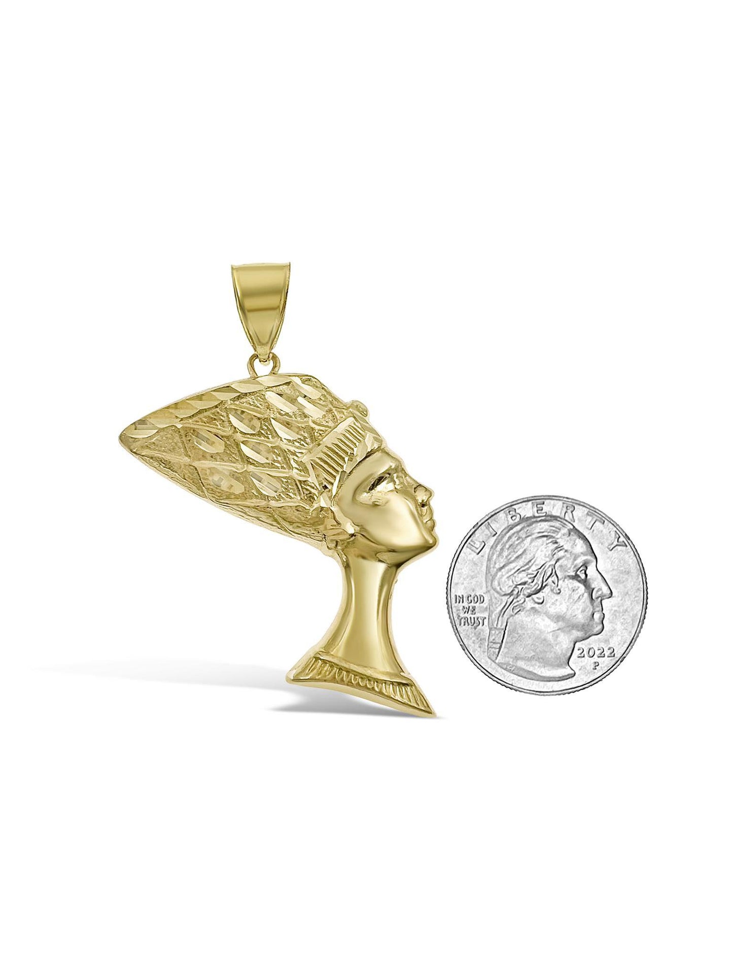 Egyptian Queen Nefertiti Pendant 10k Yellow Gold Mens Charm 2.1 inch
