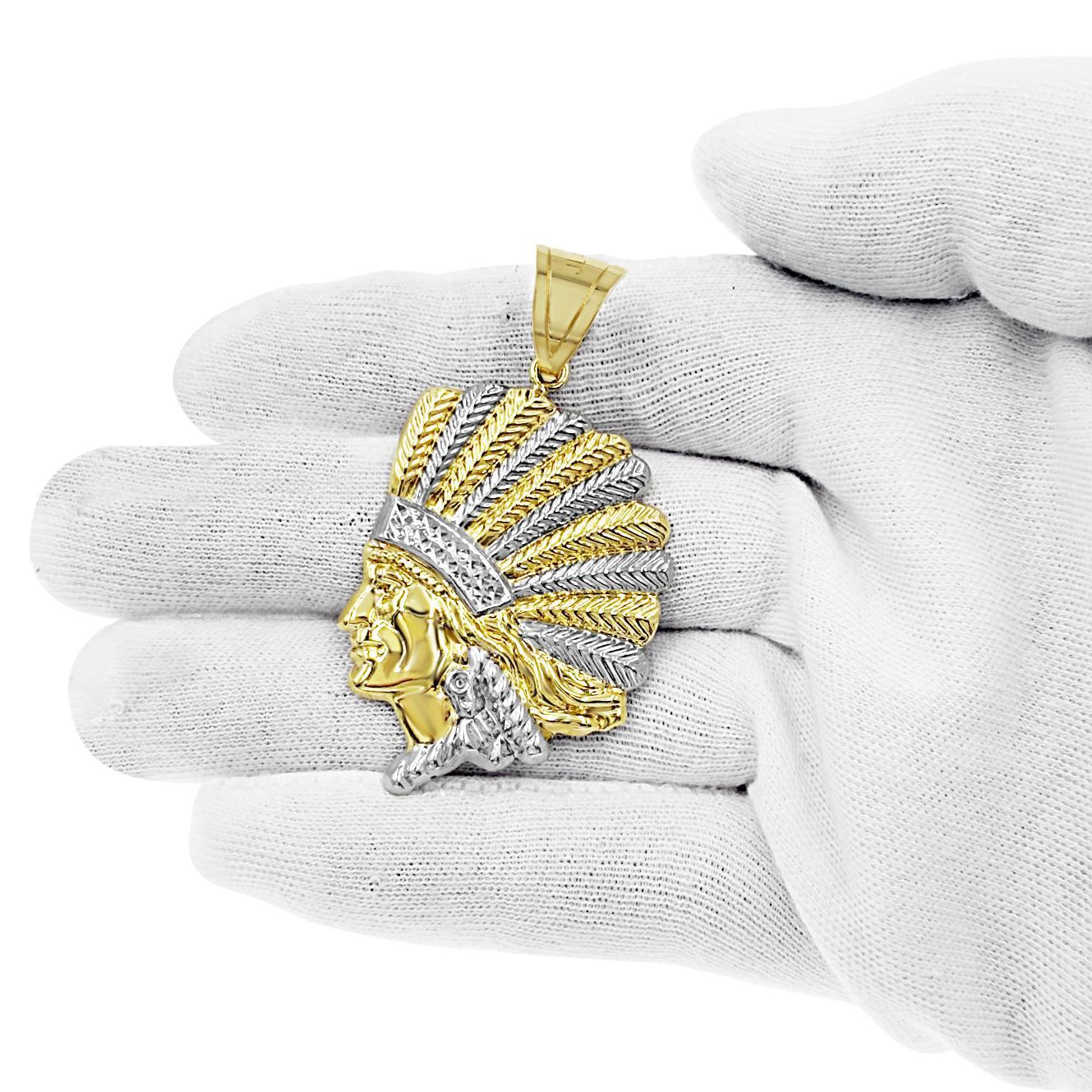 Native Indian Head Chief Pendant Mens Charm 10k Yellow Gold 2.2 inch