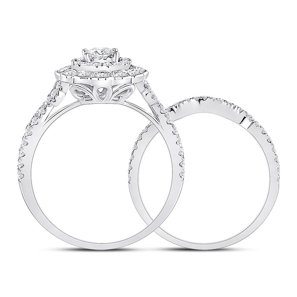 1 Cttw Round Diamond Halo Bridal Wedding Ring Set Band 14k White Gold