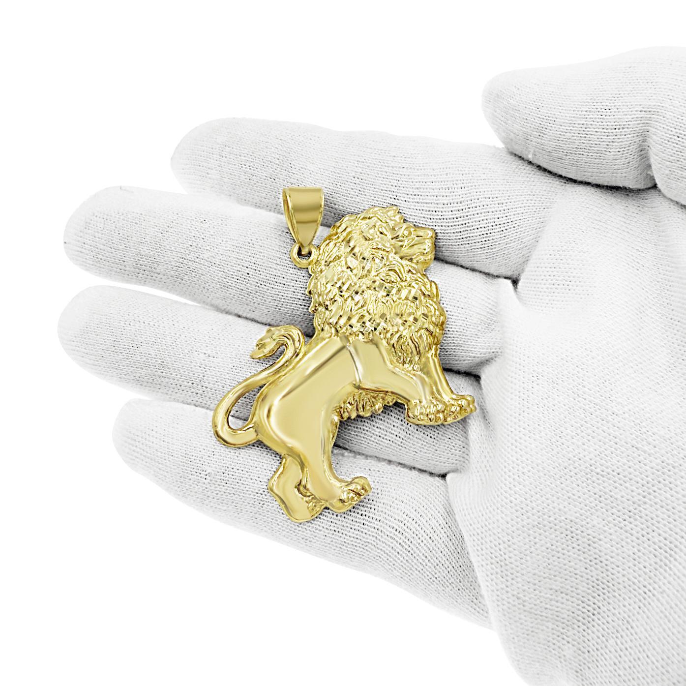 Lion Pendant Real 10K Yellow Gold Charm Mens 1.9 Inch