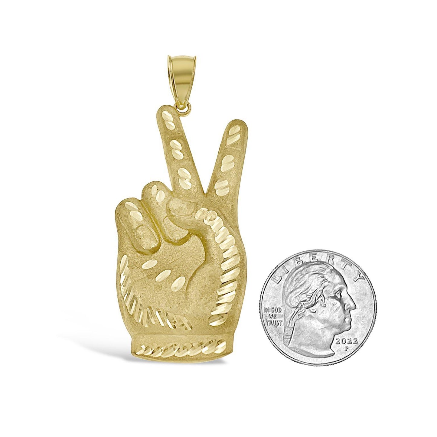 Peace Sign Victory V Pendant Mens Charm 10k Yellow Gold Diamond Cut 2.9 inch