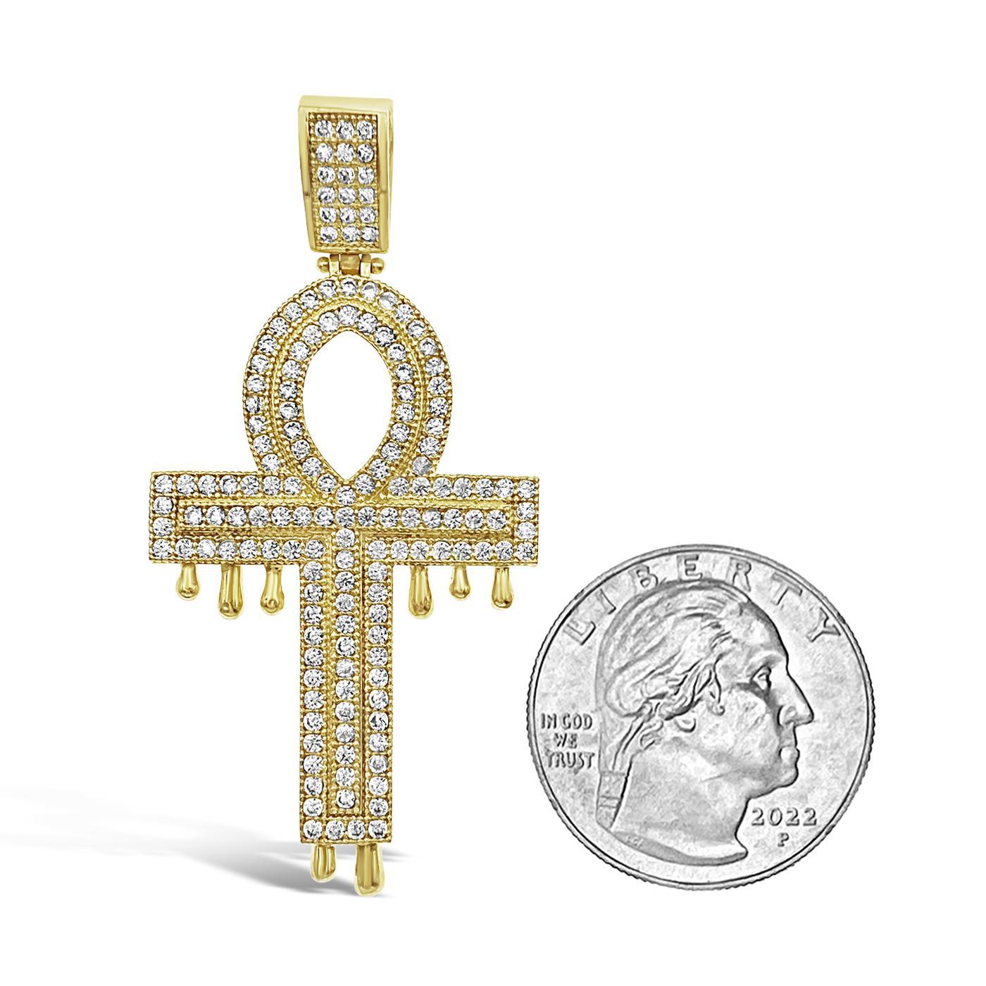 Egyptian Ankh Cross Dripping Pendant 10k Yellow Gold CZ 2.2 inch