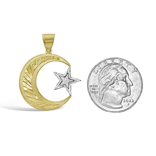 10K Two Tone Gold Crescent Moon Star Pendant