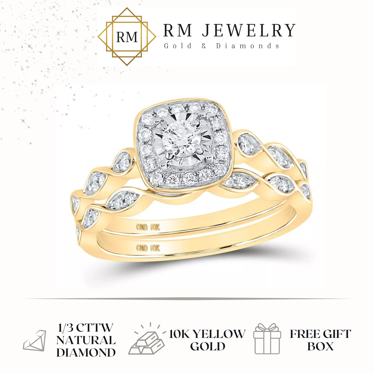 0.33ctw Diamond Cushion Bridal Wedding Ring Set 10k Yellow Gold