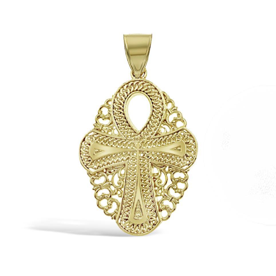 10K Yellow Gold Egyptian Ankh Cross Pendant Religious Mens Charm 1.4 inch