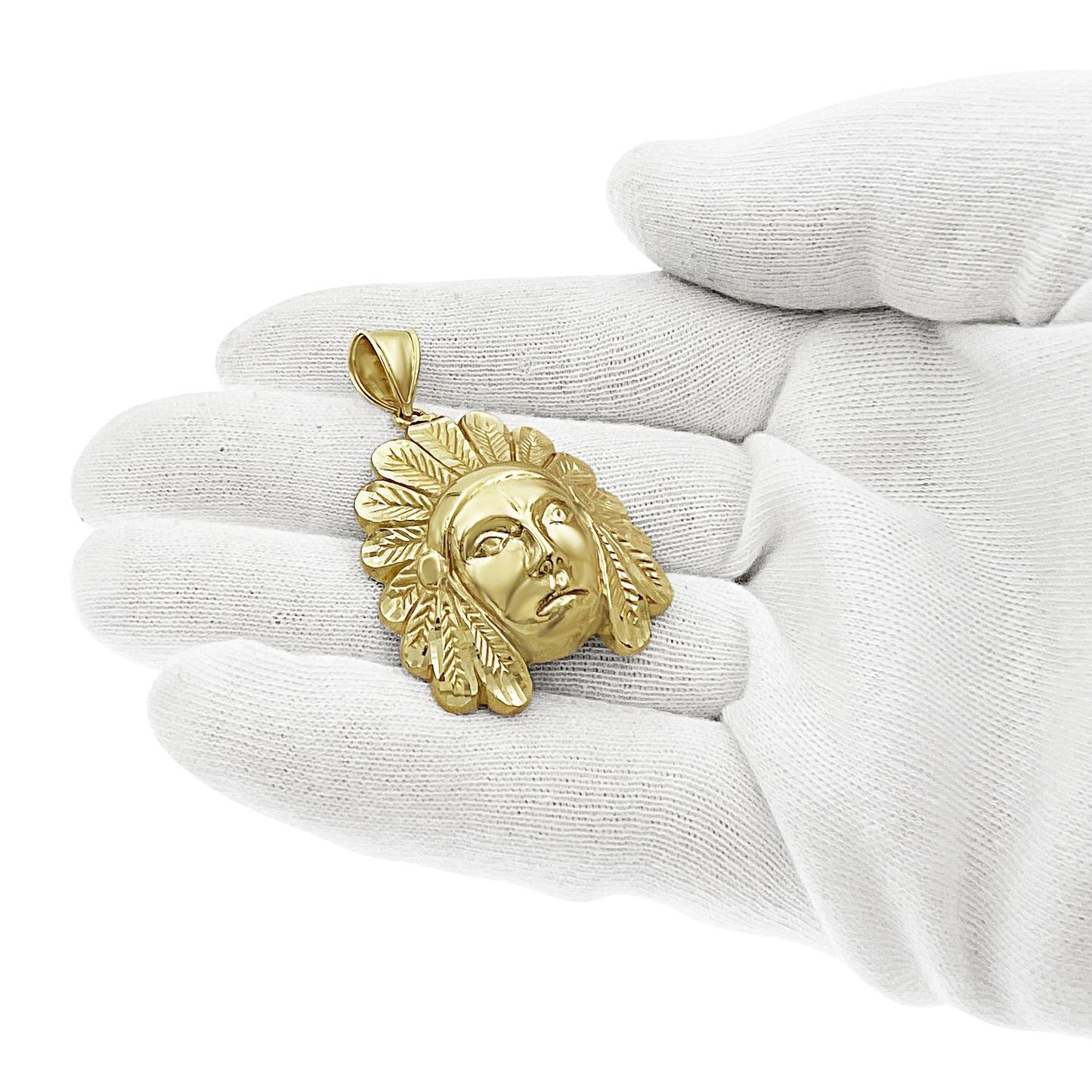 Native Indian Head Pendant 10k Yellow Gold Charm 1.8"