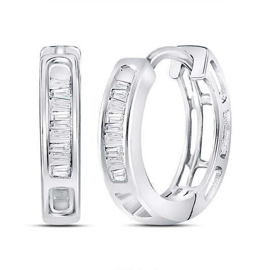 Baguette Diamond Hoop Huggie Earrings 10k White Gold