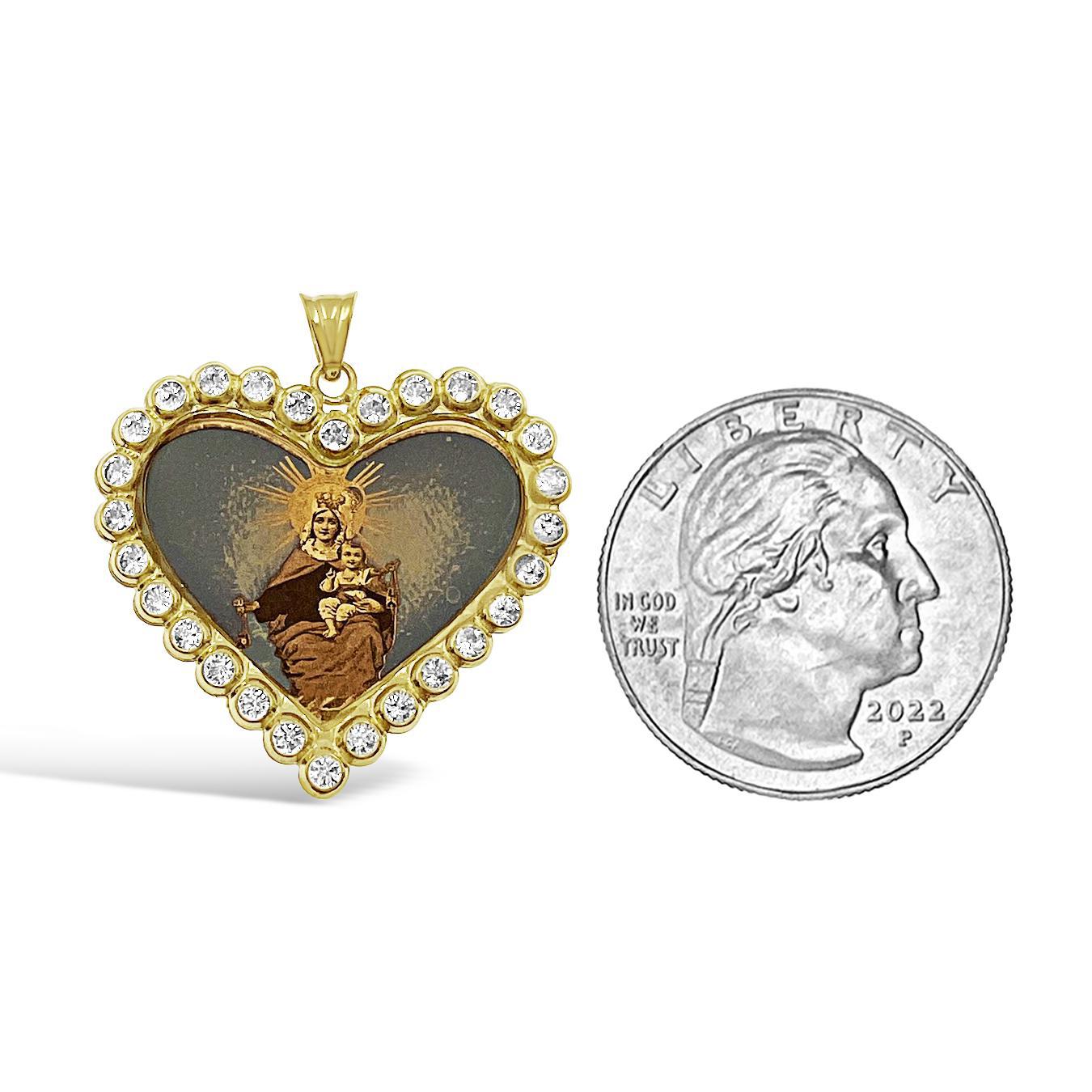 14K Yellow Gold Heart Virgin Mary Pendant Religious Charm