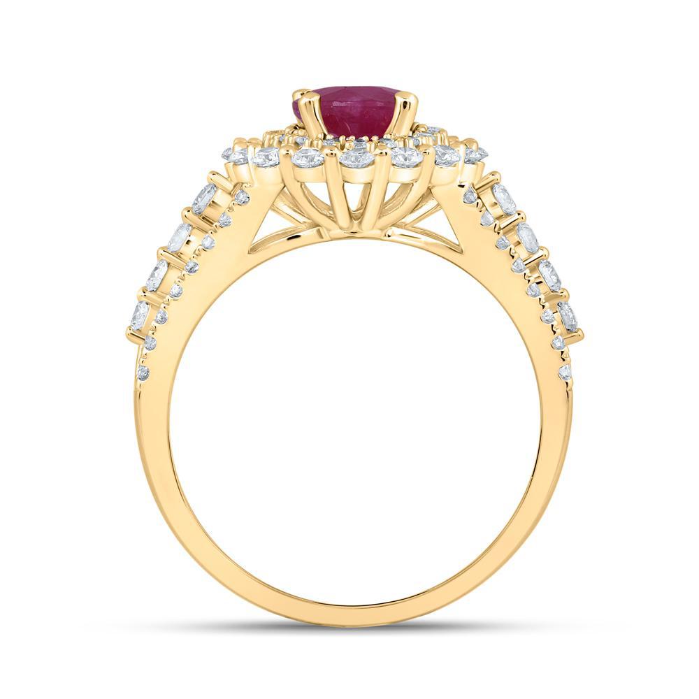 Natural Oval Ruby & Diamond Round Womens Ring 14k Yellow Gold 2.37 Cttw