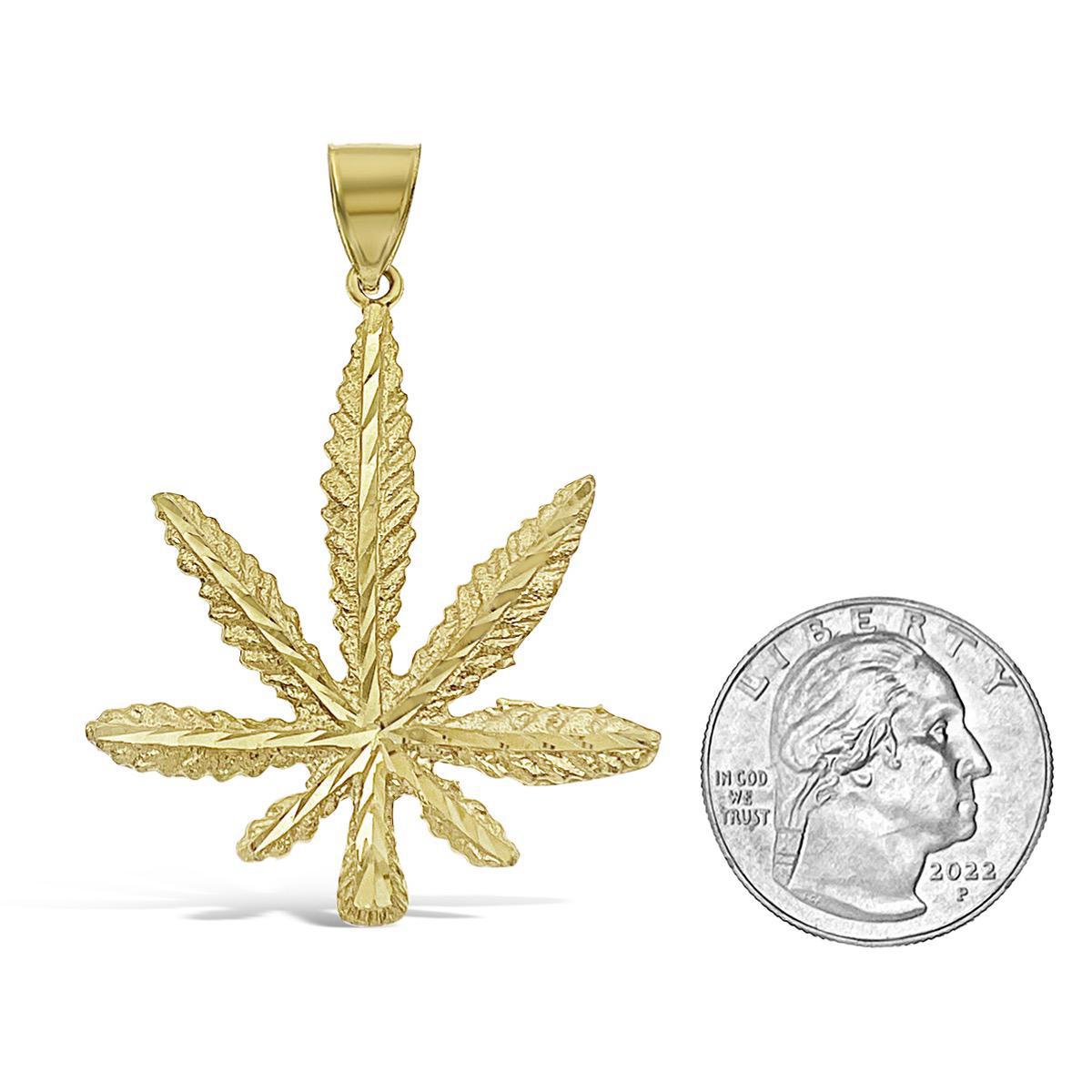 Marijuana Leaf Pendant 10k Yellow Gold Cannabis Weed Pot Charm 2.3 inch