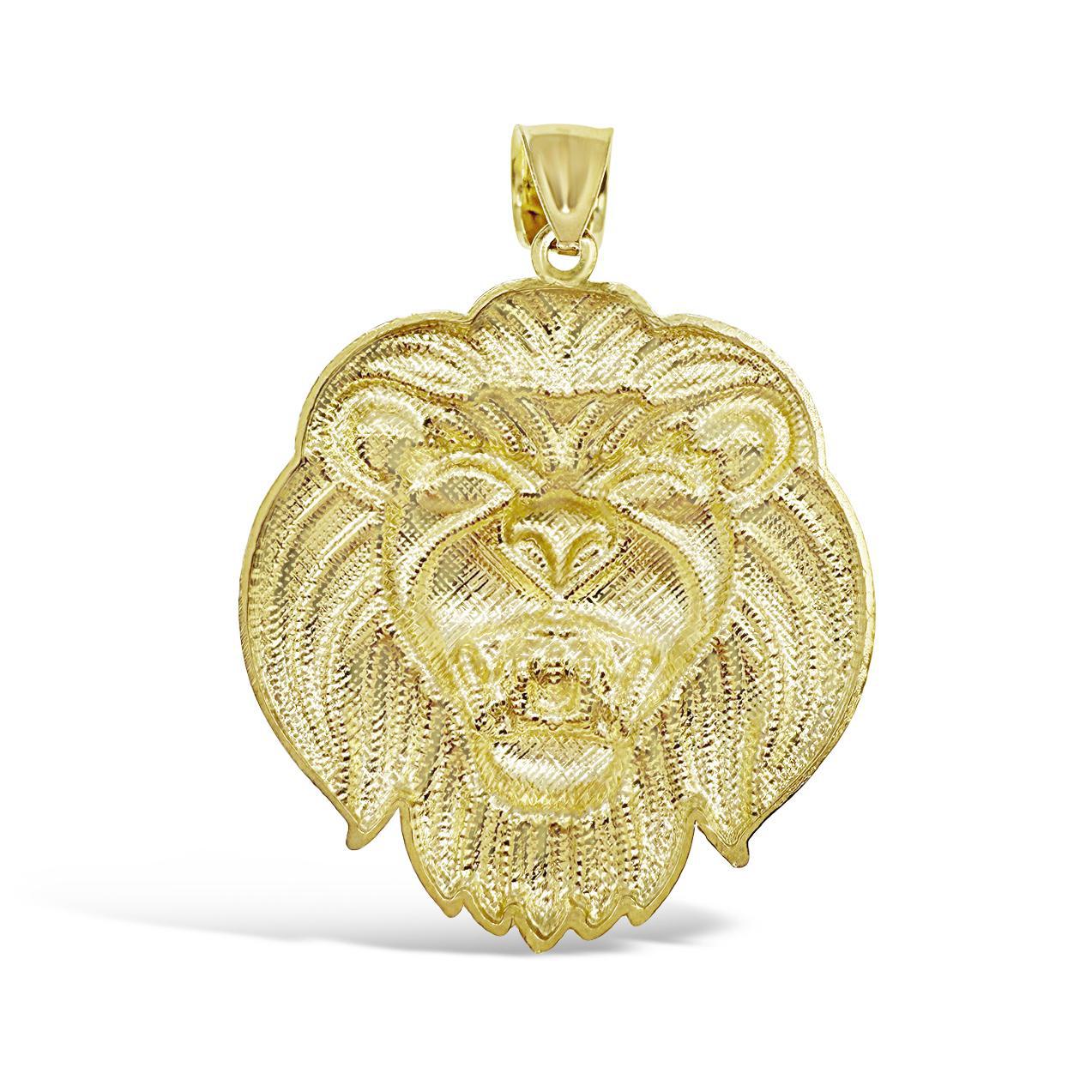 Lion Head Pendant Mens Charm 10K Yellow Gold 1.9 Inch