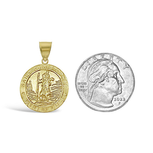 14K Yellow Gold Saint Christopher Protect Us Medal Pendant