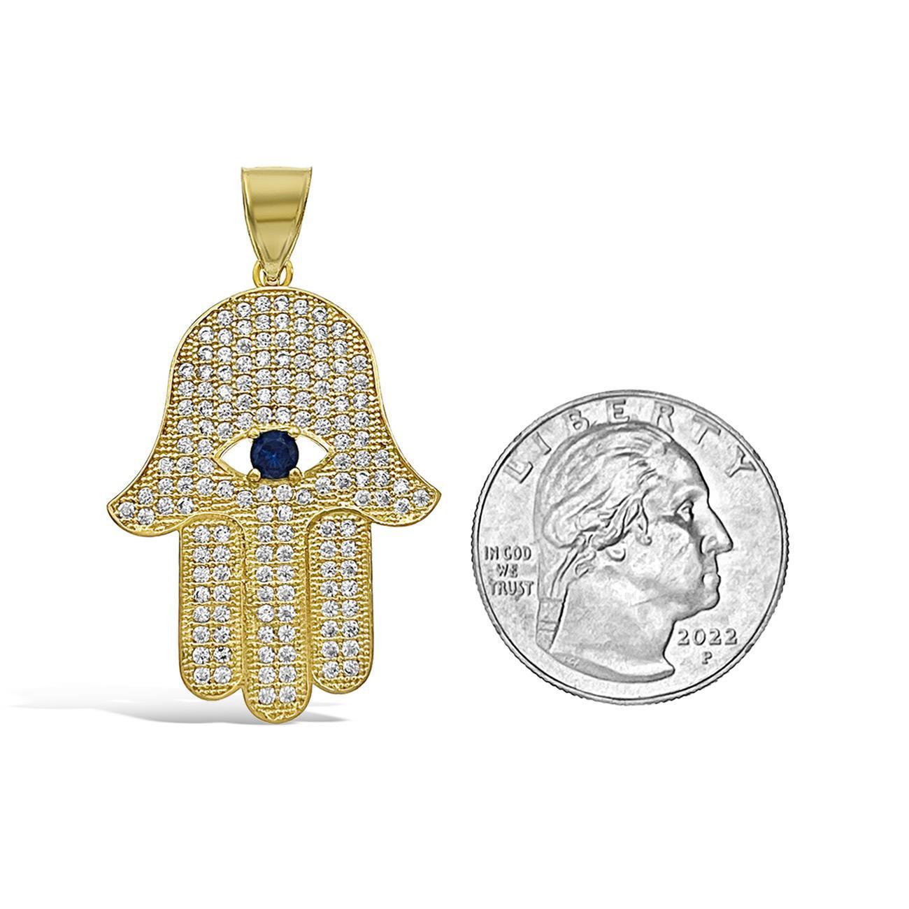 Hamsa Fatima Hand Palm Pendant 10k Yellow Gold CZ Charm 1.7 inch